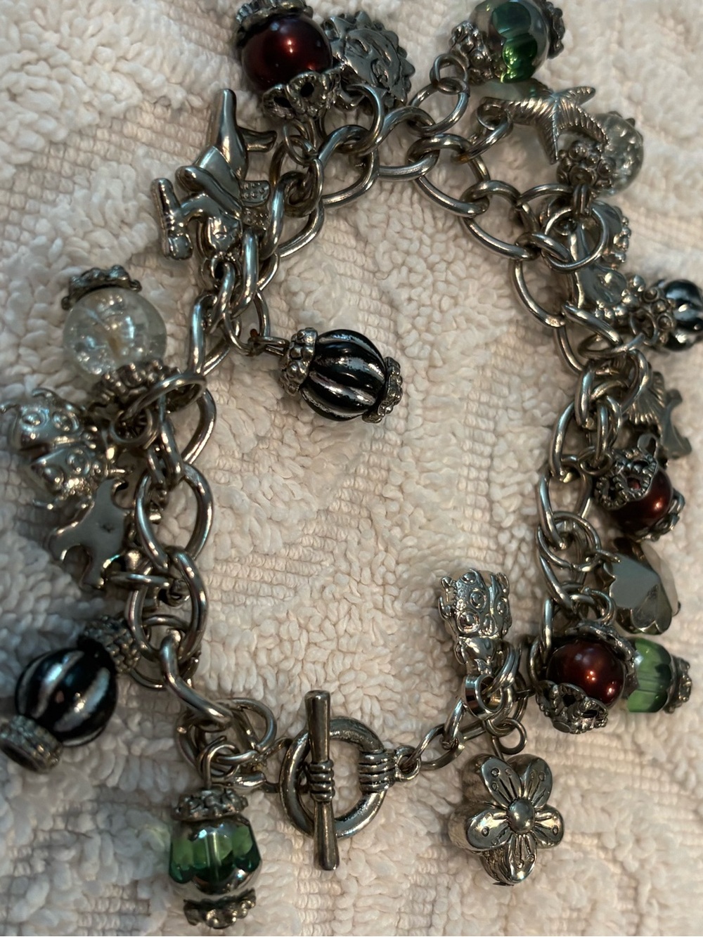 Silver Charm Bracelet with Green and Red Glass Beads